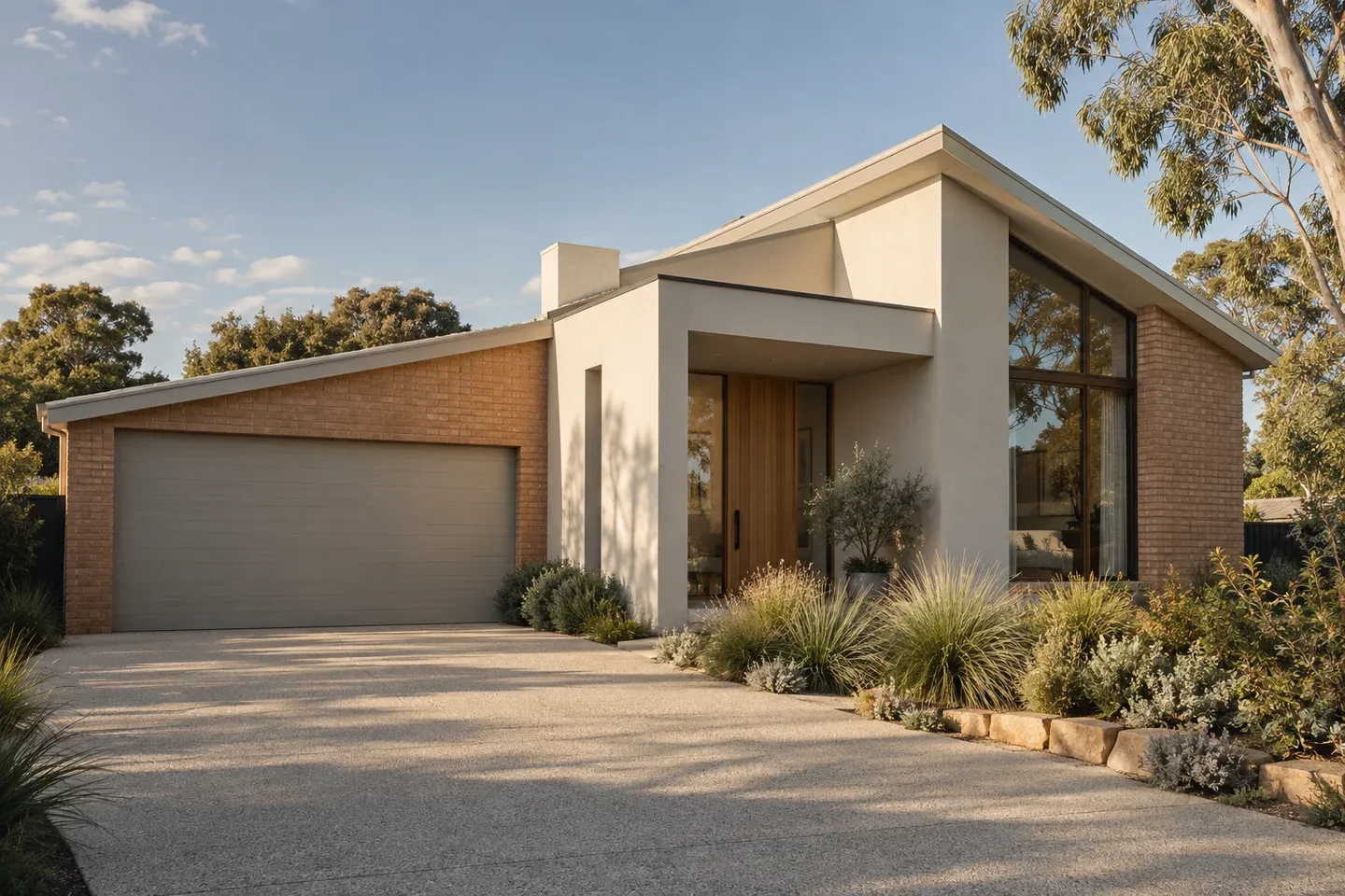 Contemporary Australian home with warm brickwork and native landscaping